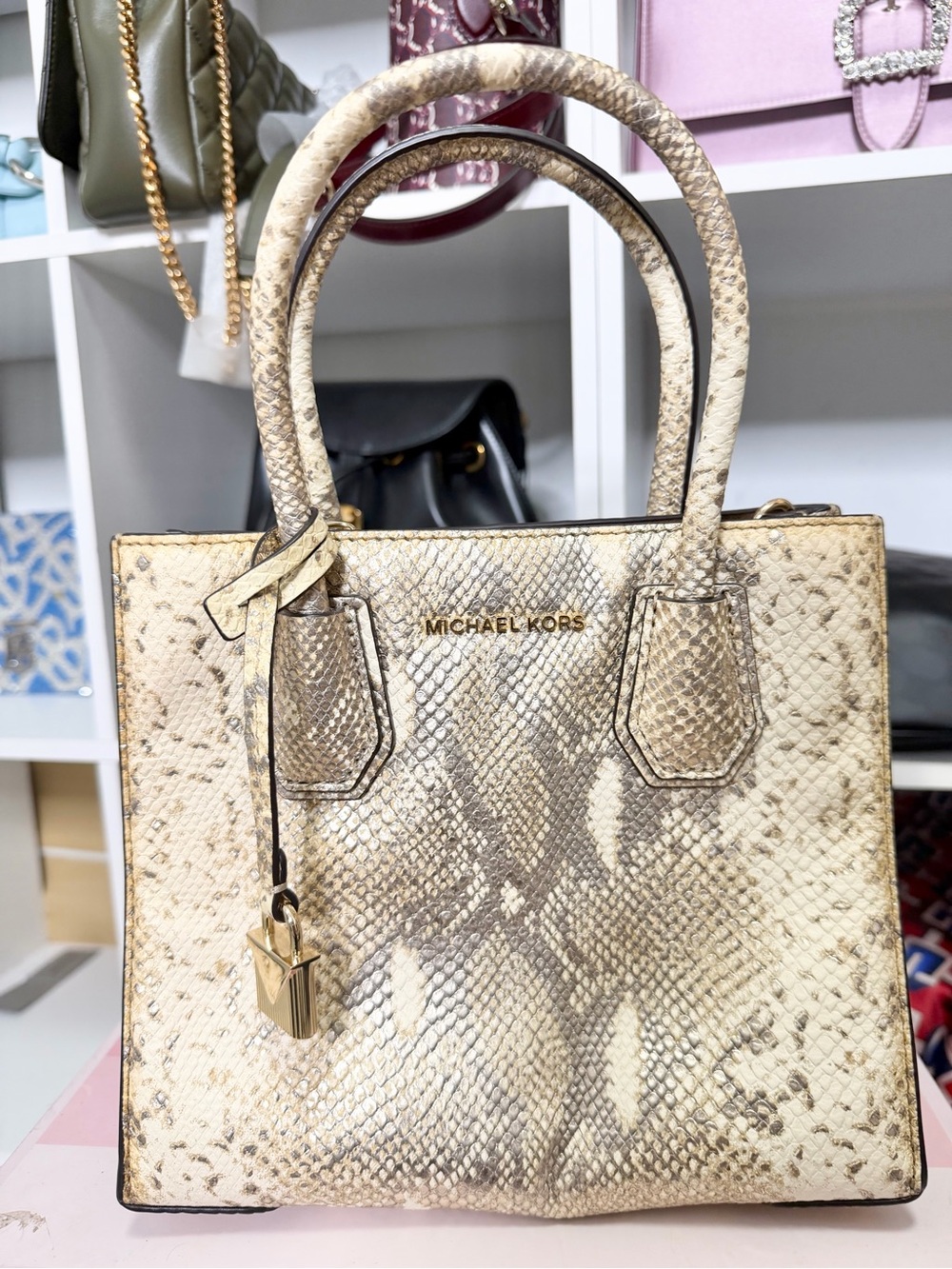 Michael Kors Cream and Gold Snakeskin-Effect Satchel